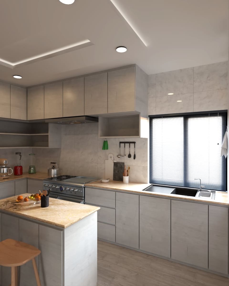 3D render of fitted kitchen cabinets beside the window — Lagos