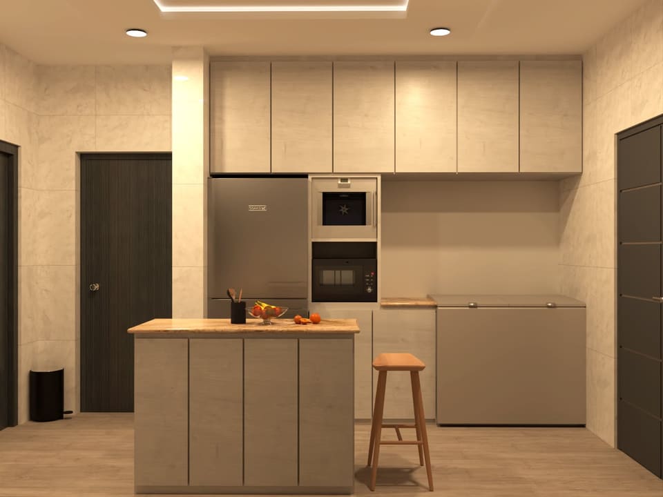 3D render of the kitchen island, tall cabinets and built-in appliances — Lagos
