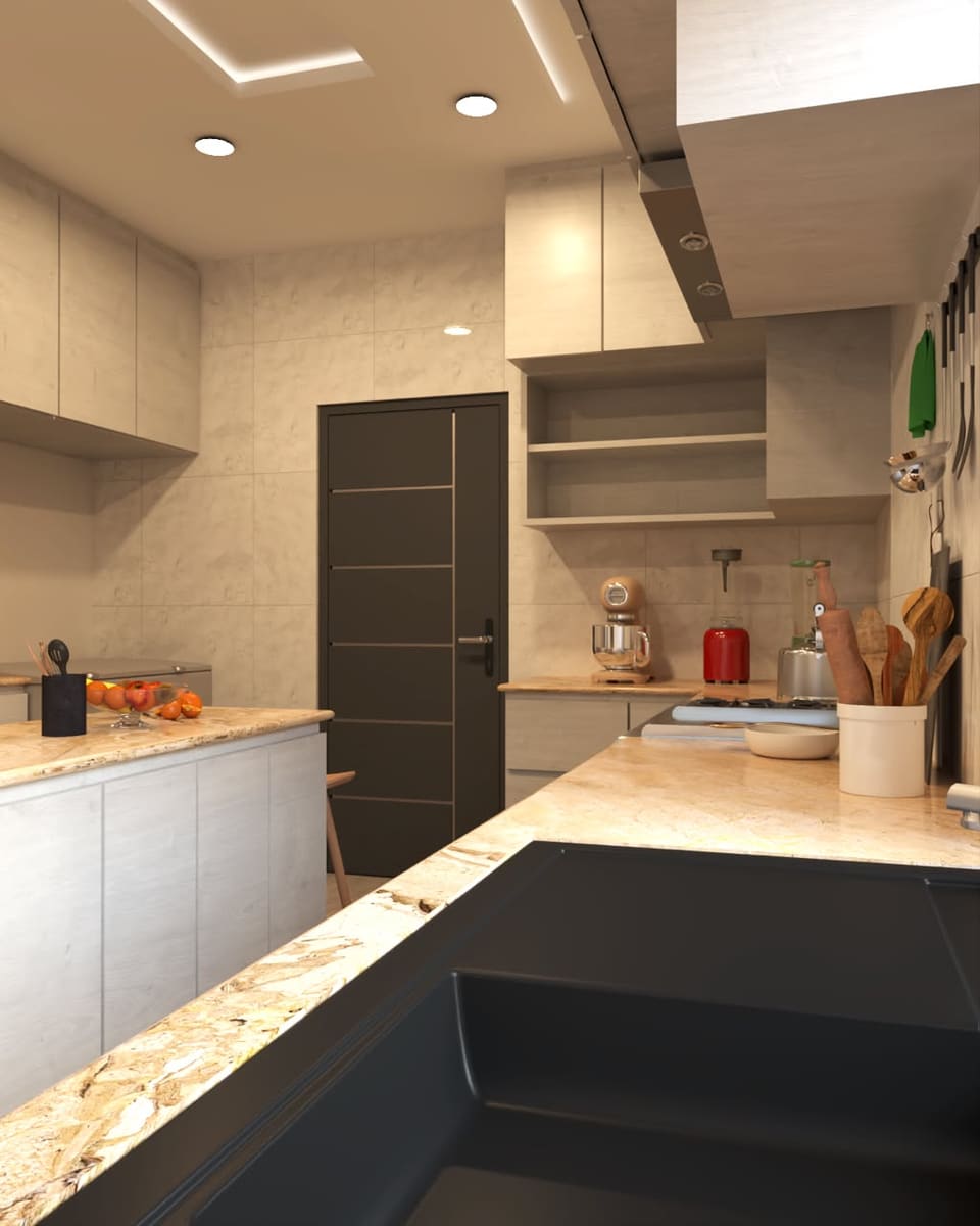 3D render looking across the stone-effect island to fitted cabinets — Lagos