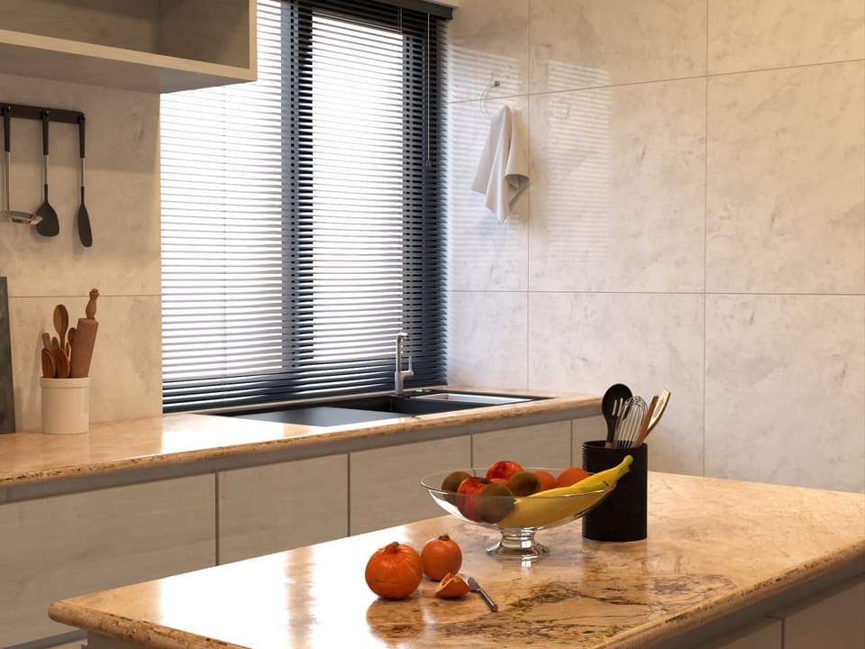 3D render of the stone-effect worktop and kitchen window — Lagos