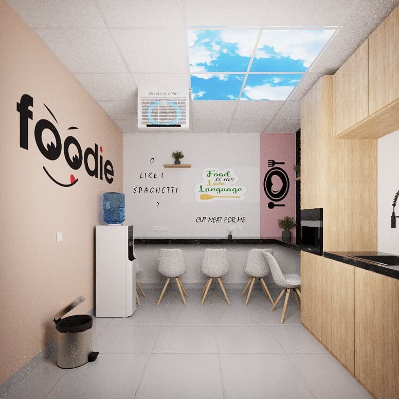 3D render of the Alpha Morgan staff lunch room with dining counter and cabinetry — Sango Otta, Ogun State