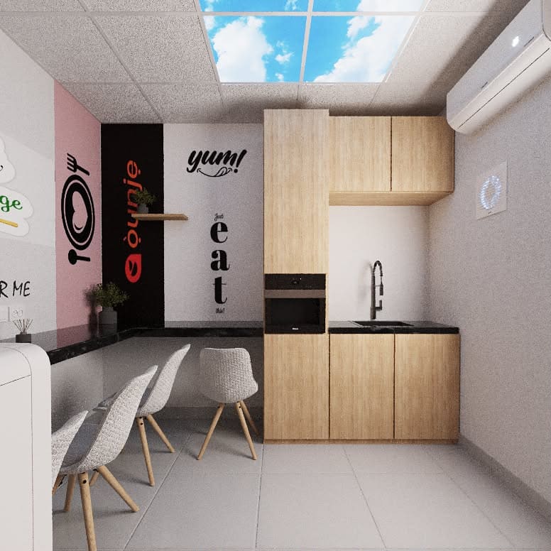 3D render of lunch-room seating, fitted cabinets and ceiling design — Sango Otta, Ogun State