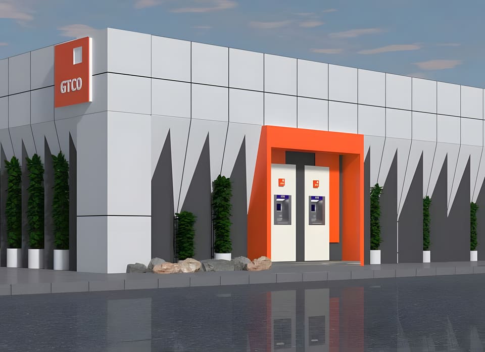 3D render of the proposed branch with geometric facade panels and an orange entrance — HFP Shopping Complex, Lagos