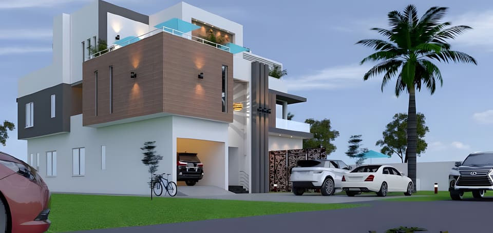 3D render of the proposed residence with timber-effect facade and balconies — Lakeview Park, Lekki, Lagos