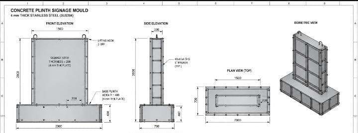 Engineering drawing of a concrete plinth signage mould — Lagos